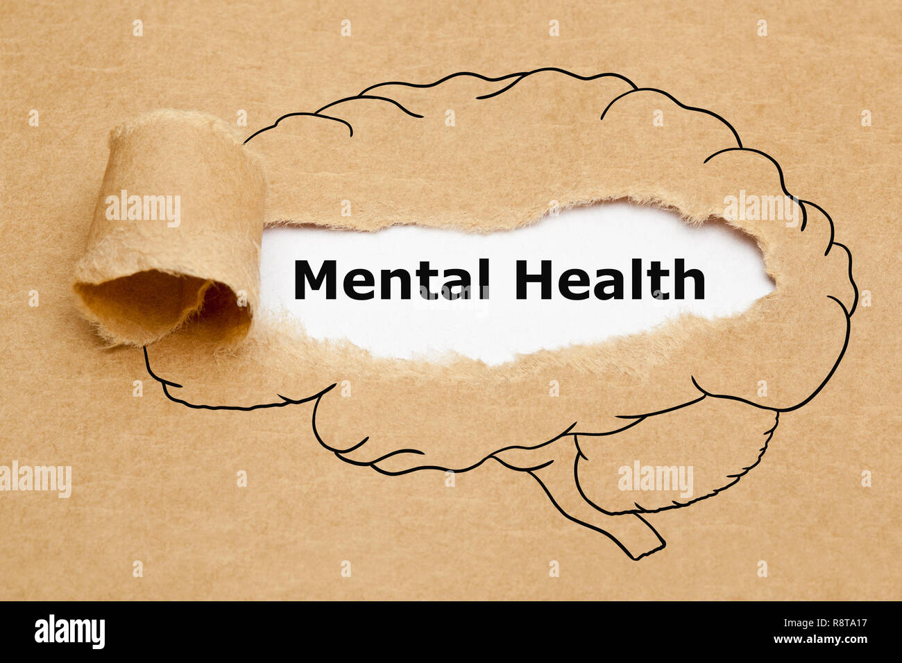 Santé mentale texte apparaître derrière déchiré papier brun avec appelée cerveau humain sur elle. Banque D'Images