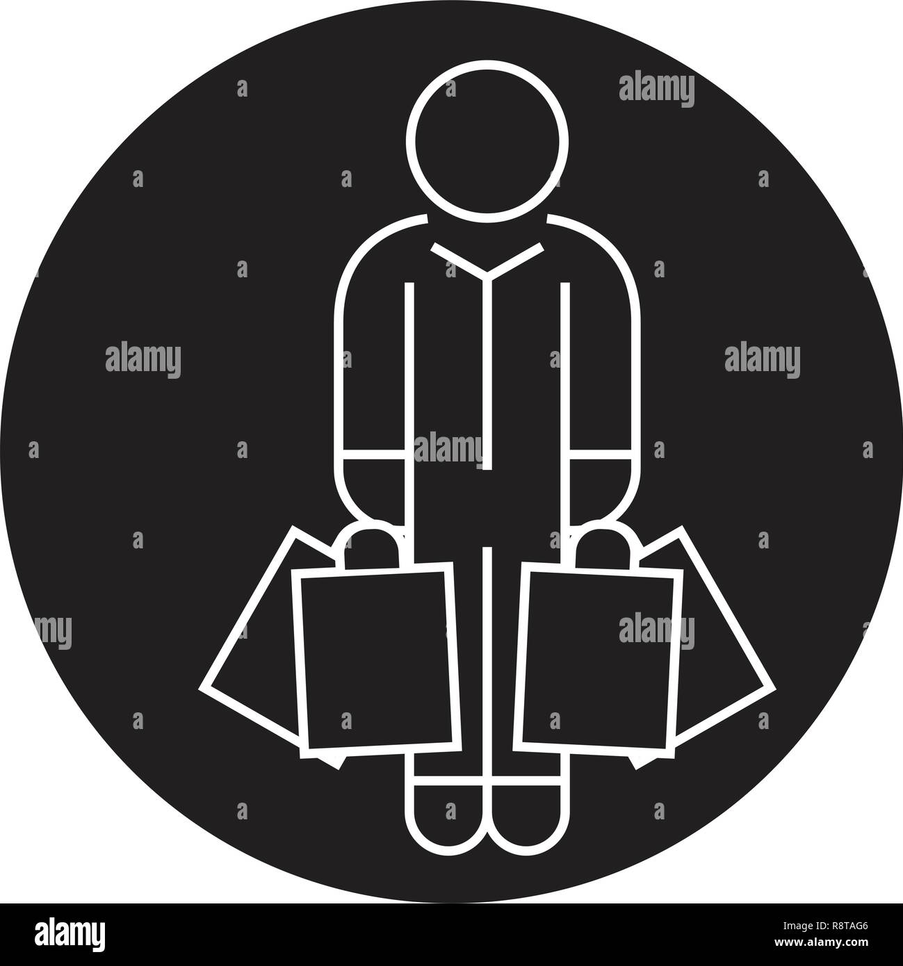 Homme sacs Shopper avec vecteur icône noire concept. Homme sacs Shopper avec télévision illustration, sign Illustration de Vecteur