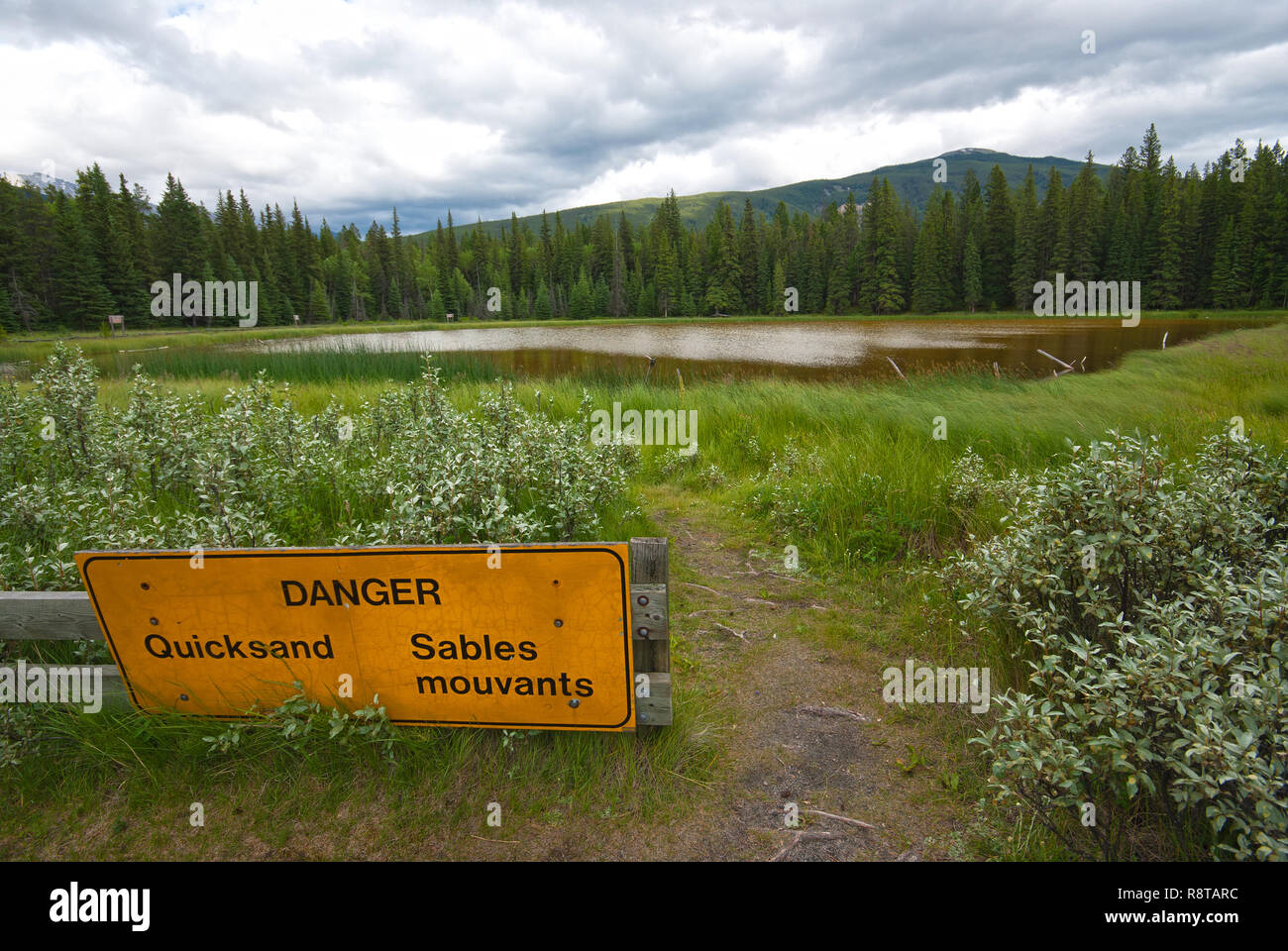 Panneau d'avertissement sur les sables mouvants de l'ocre à Lake (près du lac Annette), Parc National de Jasper, Rocheuses, Alberta, Canada Banque D'Images