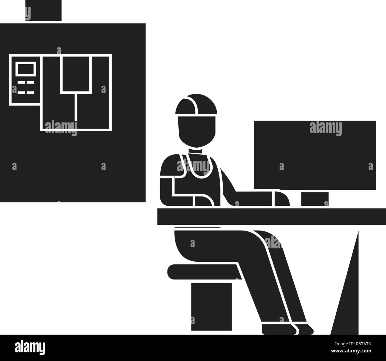 Lieu de travail technicien vecteur icône noire concept. Lieu de travail technicien télévision illustration, sign Illustration de Vecteur