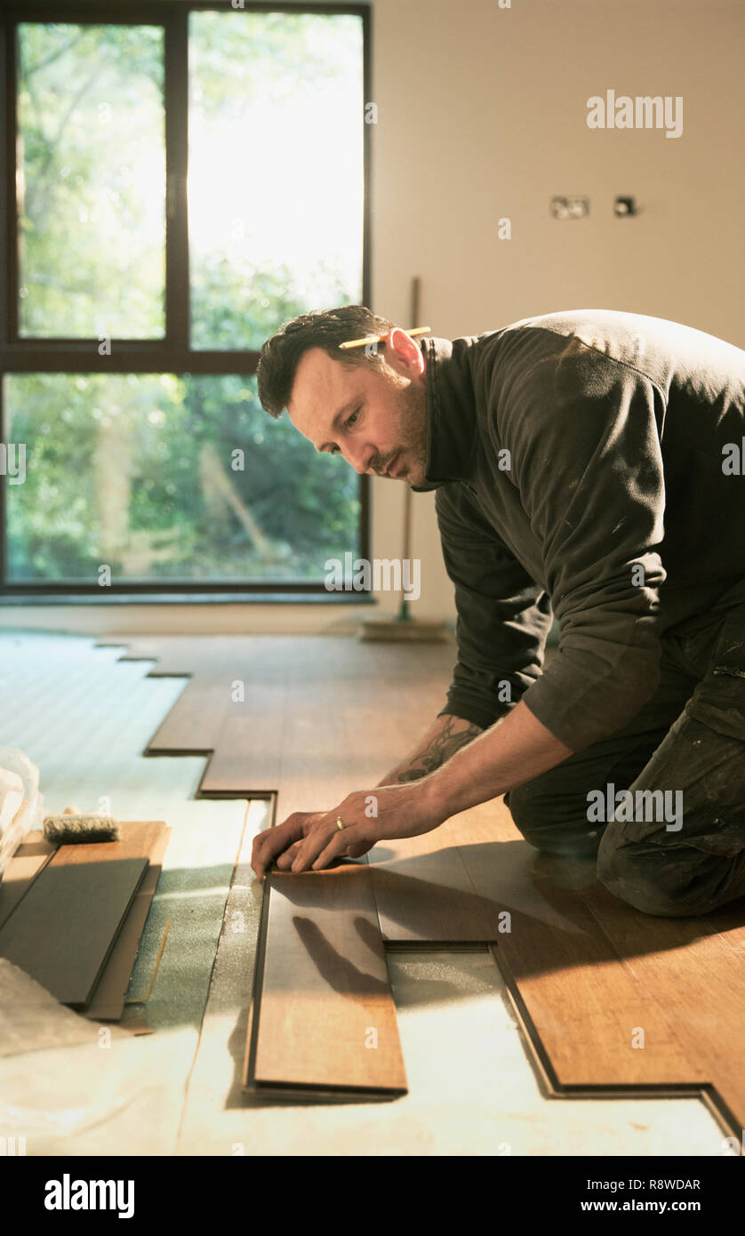 Travailleur de la construction ciblée pose de parquet dans chambre Banque D'Images