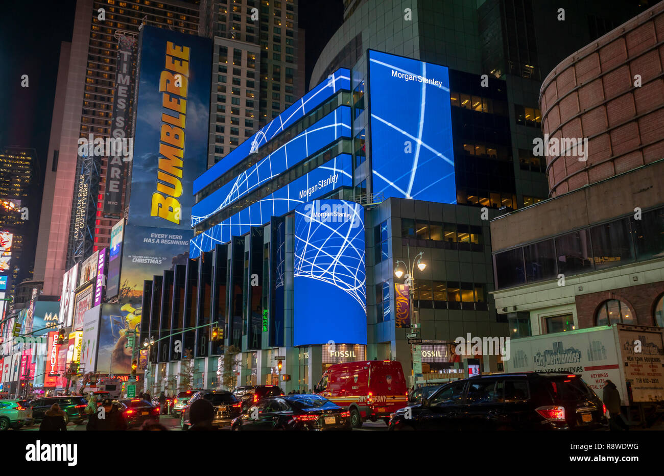 New York,NY/USA-Le 12 décembre 2018, Morgan Stanley s'engage dans l'auto-promotion sur l'affichage numérique sur leurs capacités à New York le Mardi, Décembre 12, 2018. (Â© Richard B. Levine) Banque D'Images