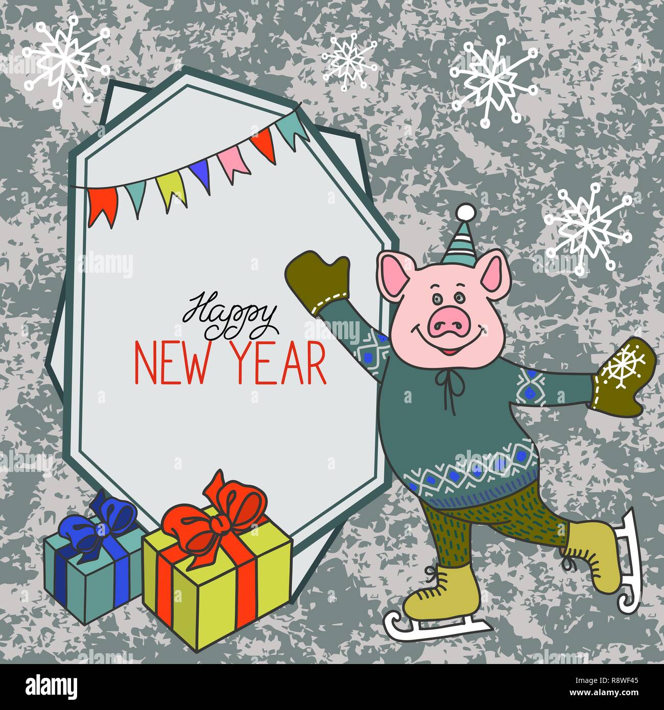 Un funny cartoon cochon dans des vêtements chauds sur patins. Porcelet de symbole du nouvel an chinois. Carte de Nouvel An Vector Illustration de Vecteur