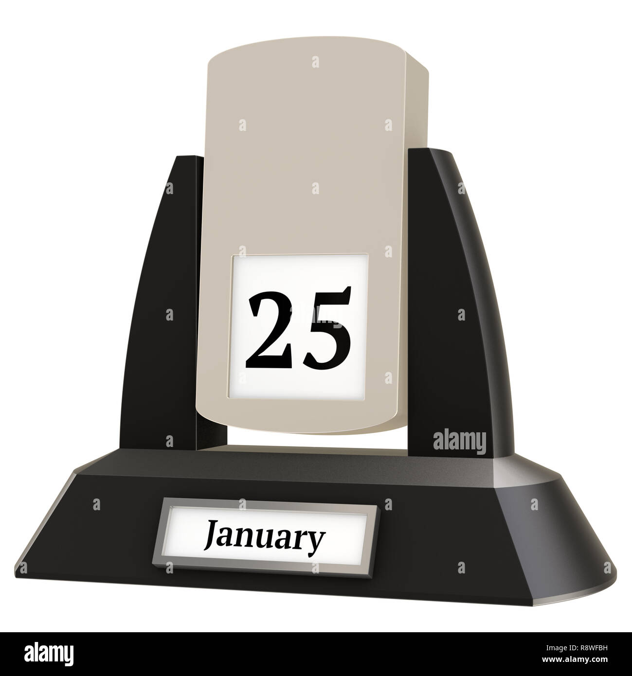 Le rendu 3D d'un calendrier indiquant la date de bascule du 25 janvier, sur fond blanc. Banque D'Images