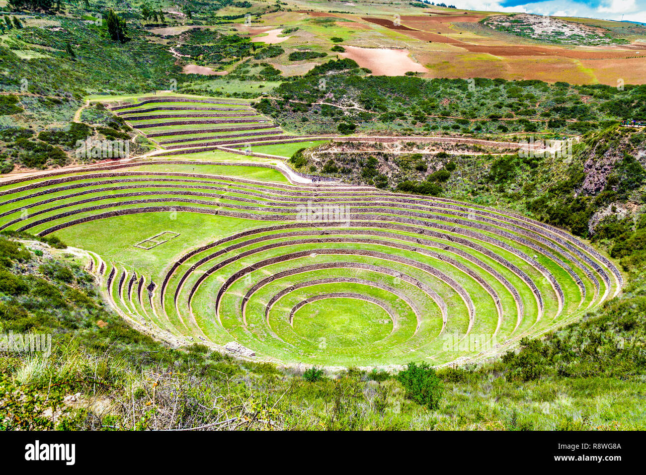 Terrasses à le site archéologique inca de Moray, Vallée Sacrée, Pérou Banque D'Images