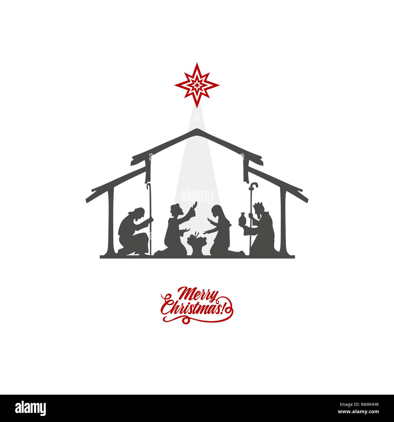 Illustration biblique. Histoire de Noël. Marie et Joseph avec l'enfant Jésus. Crèche près de la ville de Bethléem. Les bergers et les sages Illustration de Vecteur