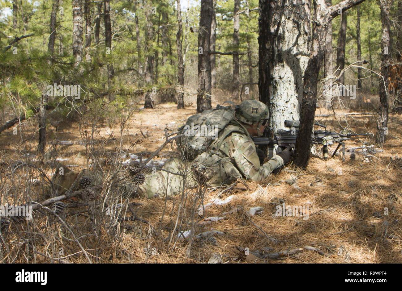 Un soldat affecté à la 101e Airborne Division (Air Assault) fournit la sécurité à Lakehurst Maxfield terrain au cours d'une saisie de l'aérodrome de multi-composants d'entraînement entre la Réserve de l'armée et de la 101st Airborne Division le 13 mars 2017 pour le lancement de l'exercice guerrier 78-17-01. Plusieurs organisations, y compris la réserve de l'armée la réserve de l'Armée de la commande de l'Aviation, 84e, 78e Commandement de la formation de la Division de la formation, et des membres de la 200e commande de la Police militaire a aidé l'entreprise facile, 2e Bataillon, 506e Régiment d'infanterie parachutiste, 101e Division aéroportée conduire la mission. Environ 60 unités de l'U. Banque D'Images