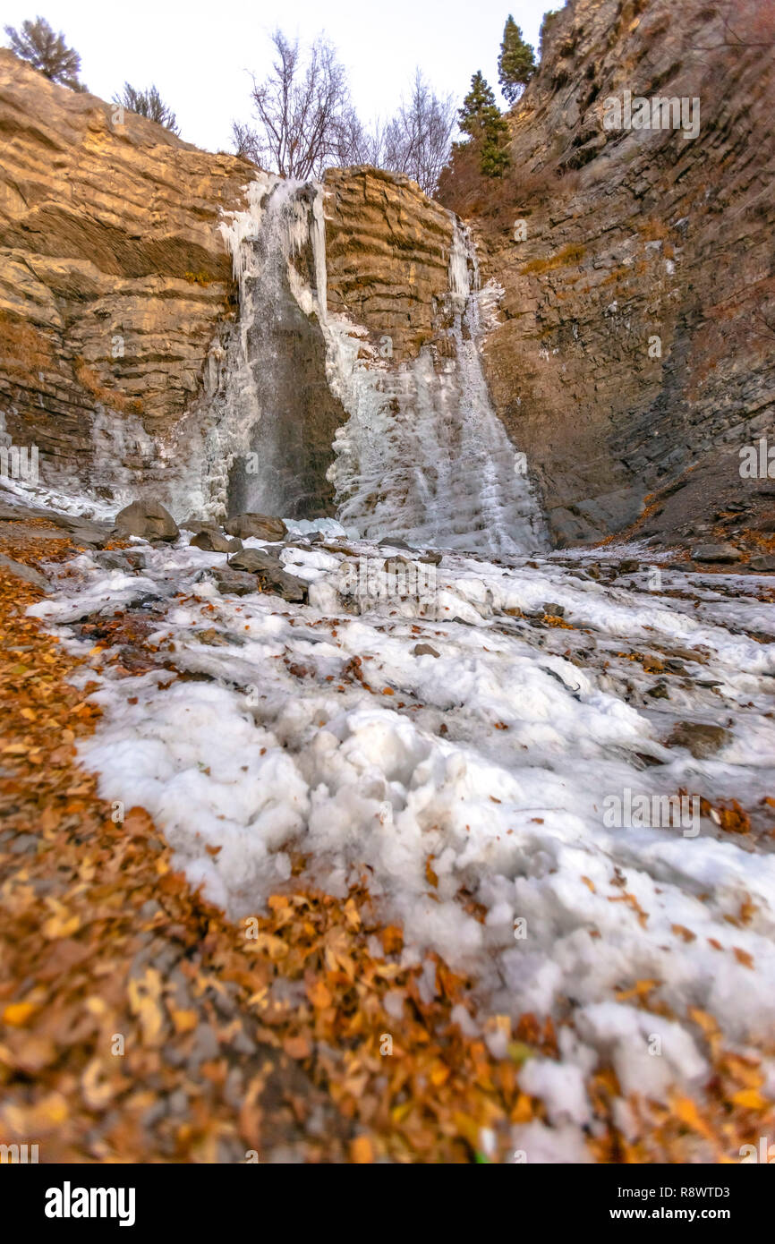 Cascade de glace partiellement avec des feuilles sur le sol Banque D'Images