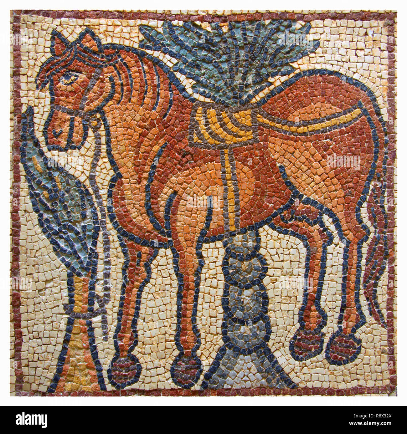 La Libye Cyrénaïque Antique Qsar bien préservé Mosaïque byzantine représentant un cheval Banque D'Images