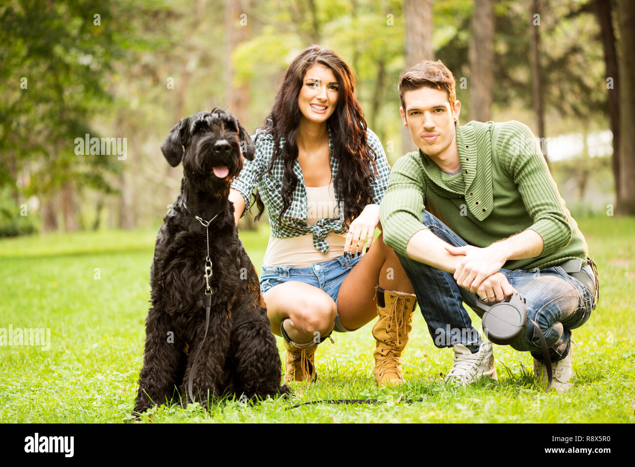 La jeune fille attirante s'accroupit dans le parc avec son petit ami à côté de son chien, un Schnauzer Géant Noir. Banque D'Images