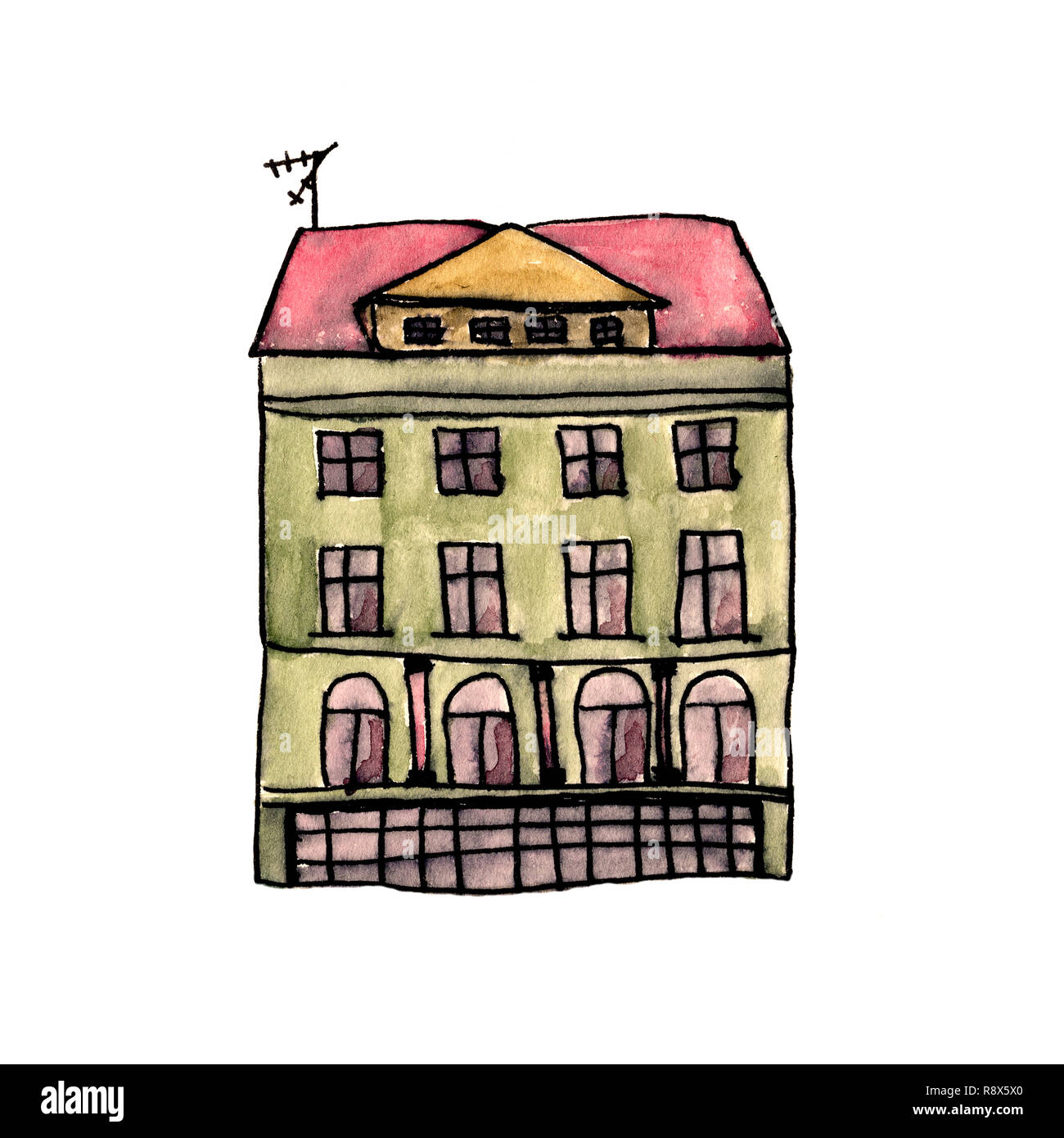 L'aquarelle d'une petite maison sur fond blanc Banque D'Images