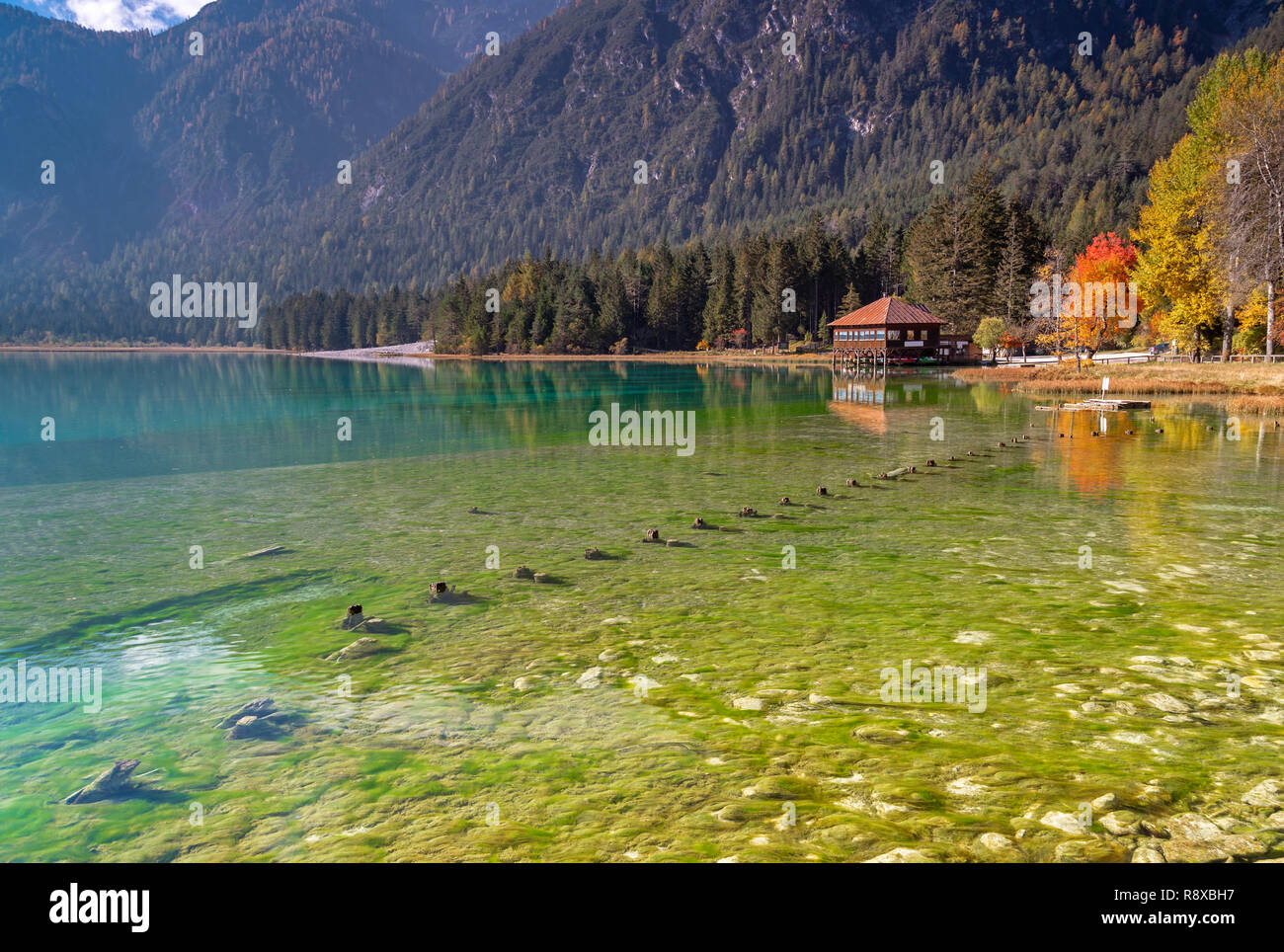 Lac Dobbiaco, le Tyrol du sud en automne Banque D'Images