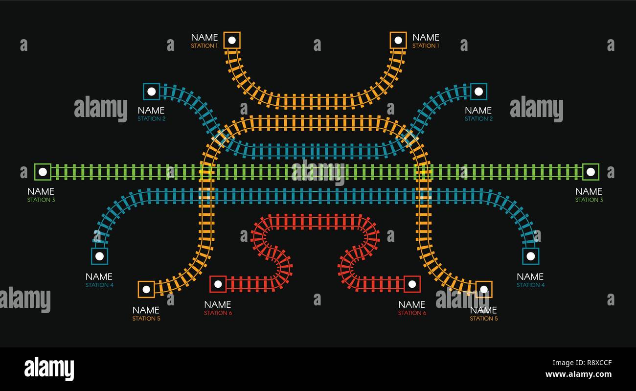 Des voies de chemin de fer, gare, train diagramme. Escalier de couleur ou une clôture. Vector illustration sur fond noir. Illustration de Vecteur