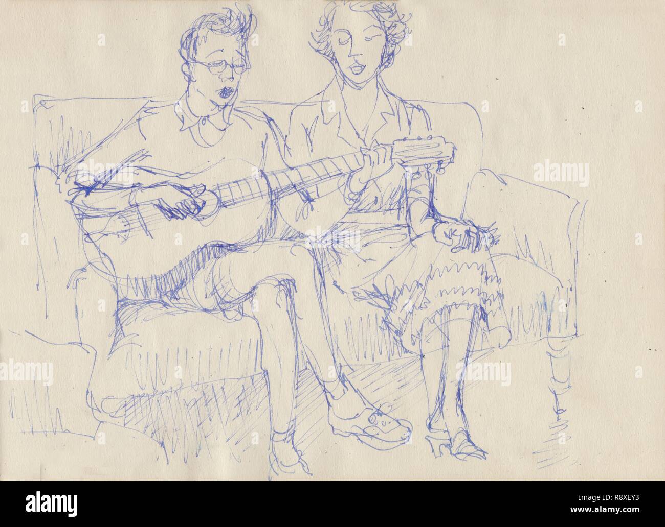 Couple avec une guitare, c1950. Organisateur : Shirley Markham. Banque D'Images