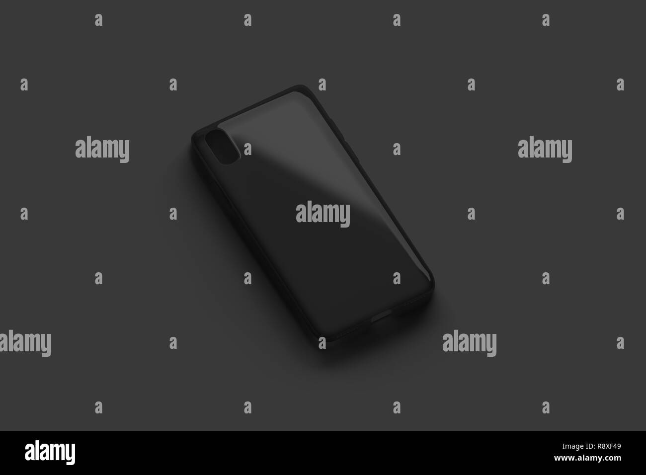 Téléphone transparent vide noir cas immersive, isolé sur la surface sombre, rendu 3d. Matt vide accessoires maquette, vue du côté gauche. Flexible couvrant la conception. Protection pour modèle de smartphone. Banque D'Images