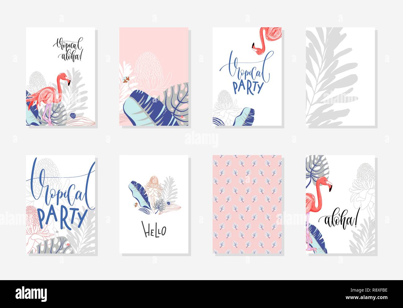 Jeu de dessin à la main des affiches tropicales avec flamingo et bouquet o Illustration de Vecteur
