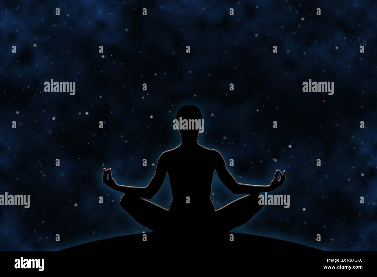 Yoga féminin figure à l'arrière-plan de l'univers, la méditation. Banque D'Images