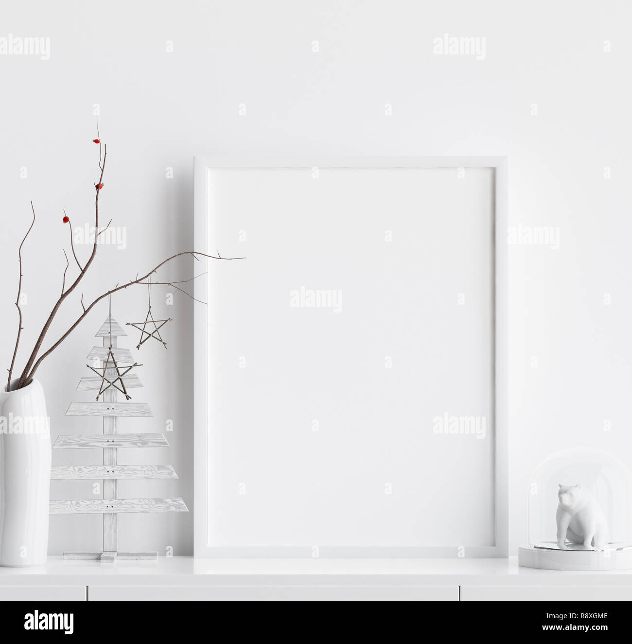 Maquette affiche avec décoration de Noël en intérieur, le style scandinave, 3D render Banque D'Images