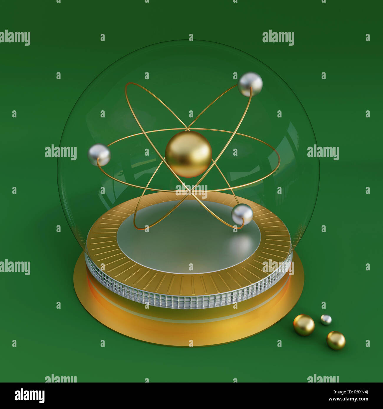 3d sciences symbole d'un atome dans une boule de cristal. Concept pour la physique dans l'avenir. Banque D'Images
