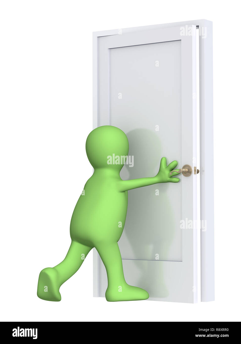 Marionnette 3d, la fermeture d'une porte. Over white Banque D'Images