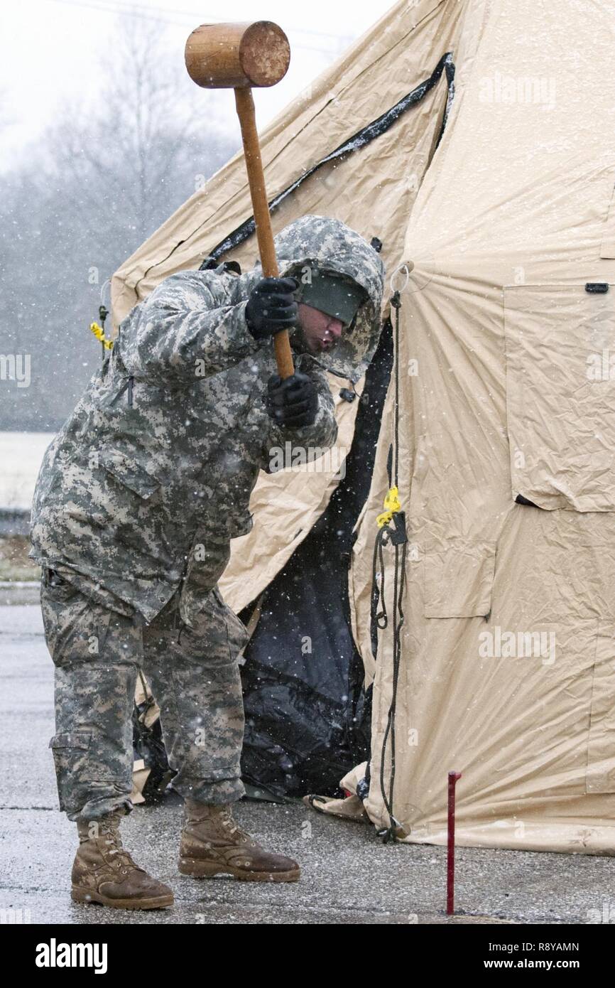 Des soldats américains affectés à la 251st Compagnie médicale de soutien de secteur, en Caroline du Sud, la Garde nationale et de la 231e compagnie de produits chimiques, Maryland Army National Guard, une installation de triage et de décontamination lors d'un point de l'Armée américaine au nord la formation conjointe de l'exercice dans le centre de Rose, Owings Mills, Maryland, le 10 mars 2017. Banque D'Images