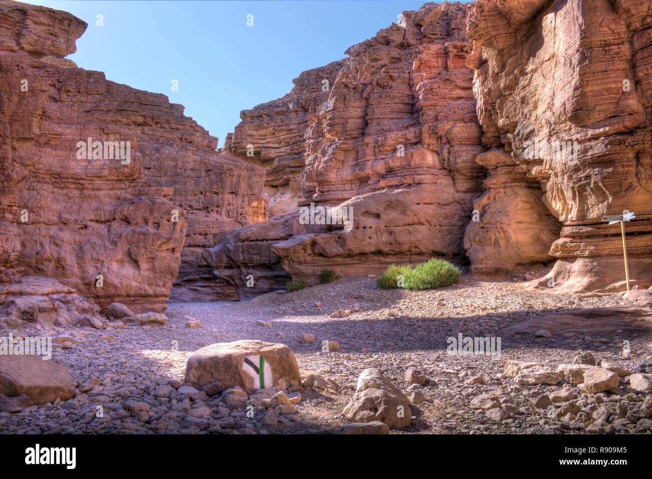 La droite (vert) chemin mène à travers l'impressionnant canyon rouge à Eilat, Israël Banque D'Images