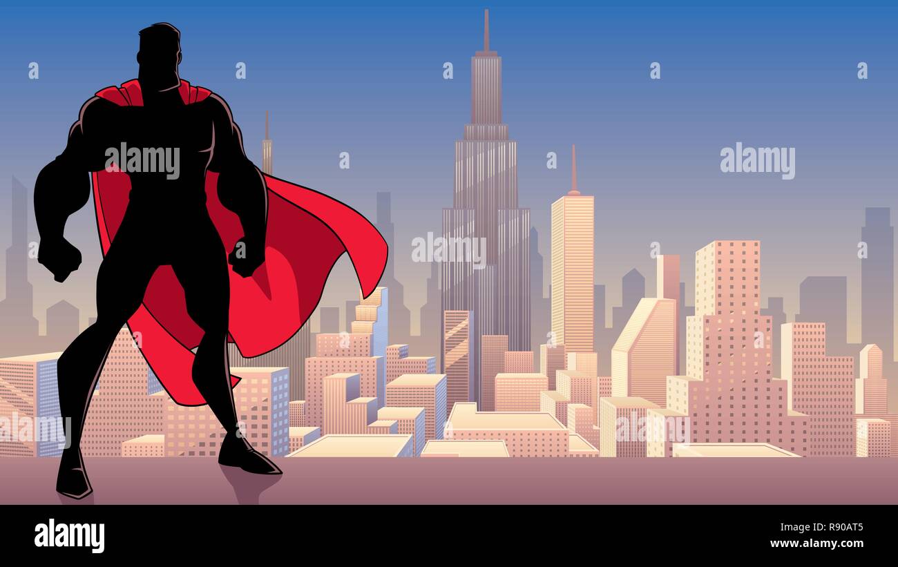 Super-héros debout Tall dans City Silhouette Illustration de Vecteur