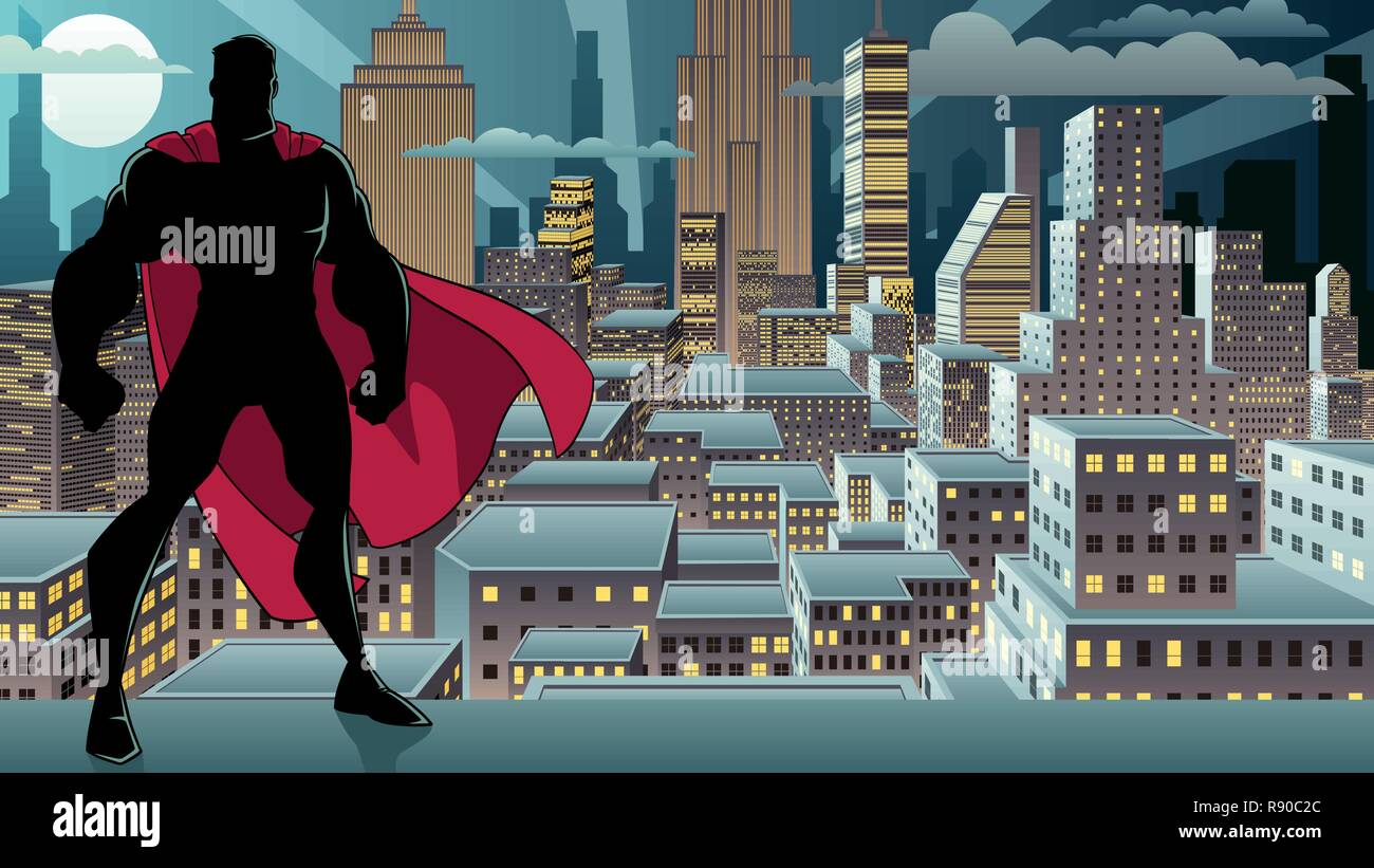 Super-héros Standing Night City Silhouette Illustration de Vecteur