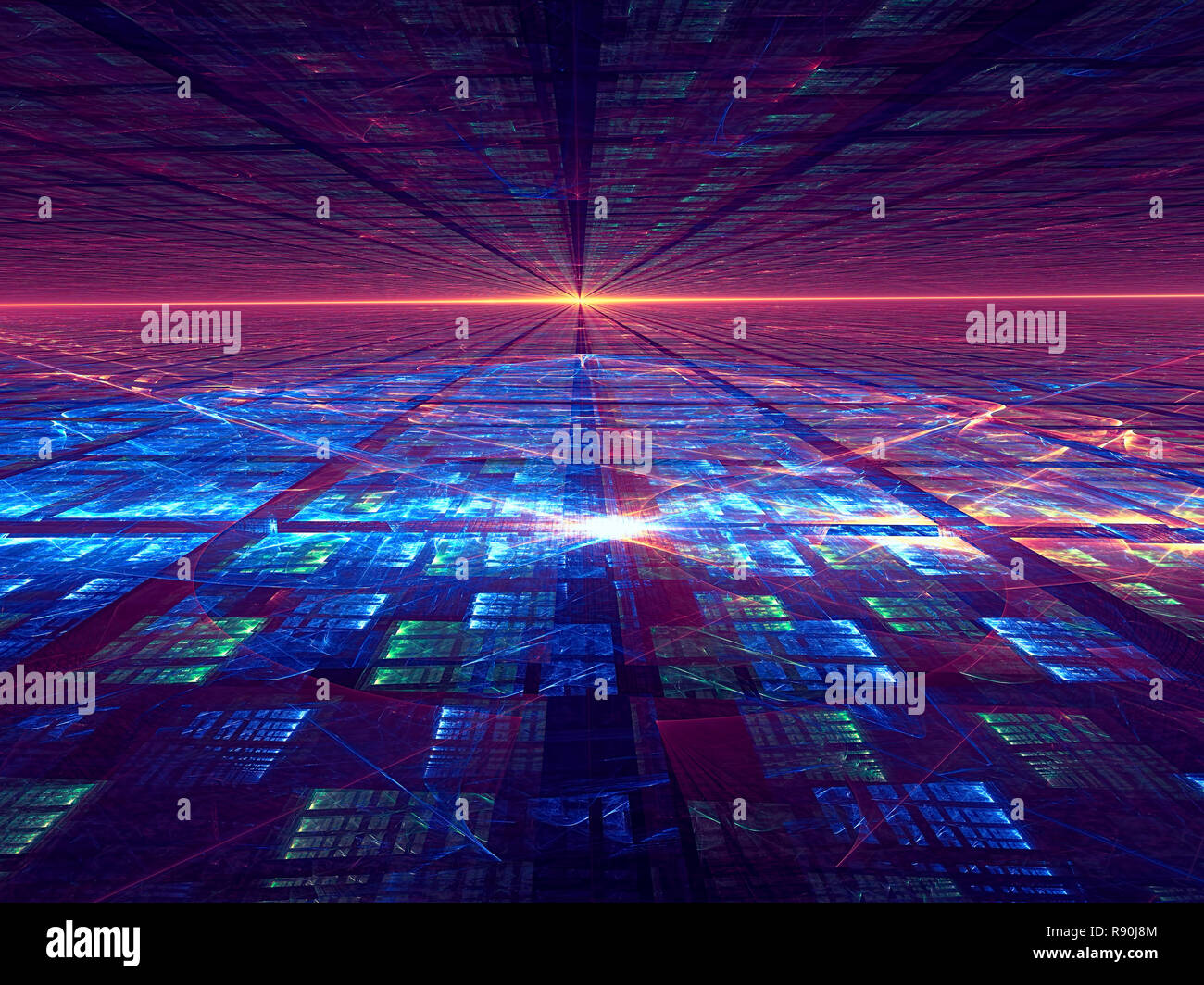 Contexte Perspective Generee Par L Ordinateur Abstrait 3d Illustration De La Technologie Style L Art Numerique Bleu Et Violet Grille Toile De Tech Sci Fi Photo Stock Alamy