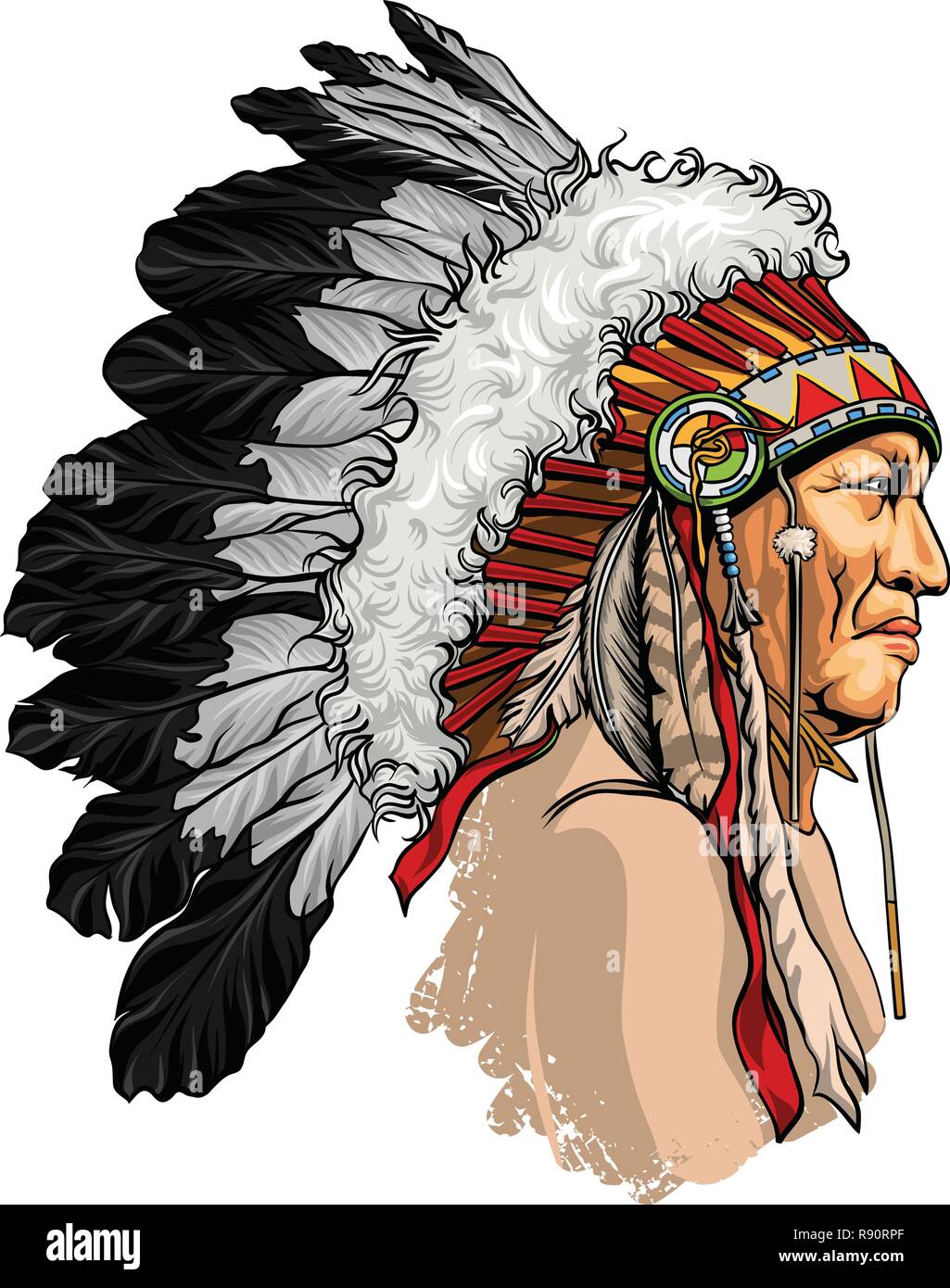 Dessiné à la main, détaillées, Native American Sitting Bull vector portrait. Coiffure de plumes chef indien de la tribu. Illustration de Vecteur