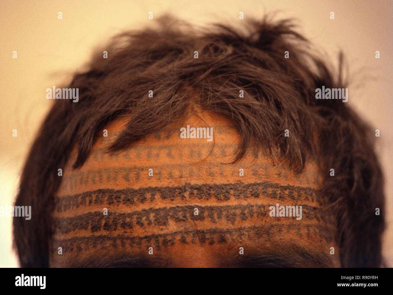 Front tatoué de Ramnaami dévot avec l'utilisation répétée du nom du Seigneur Ram. Il faut 3 à 4 mois de tatouer tout le corps, le Centre de l'Inde. Banque D'Images