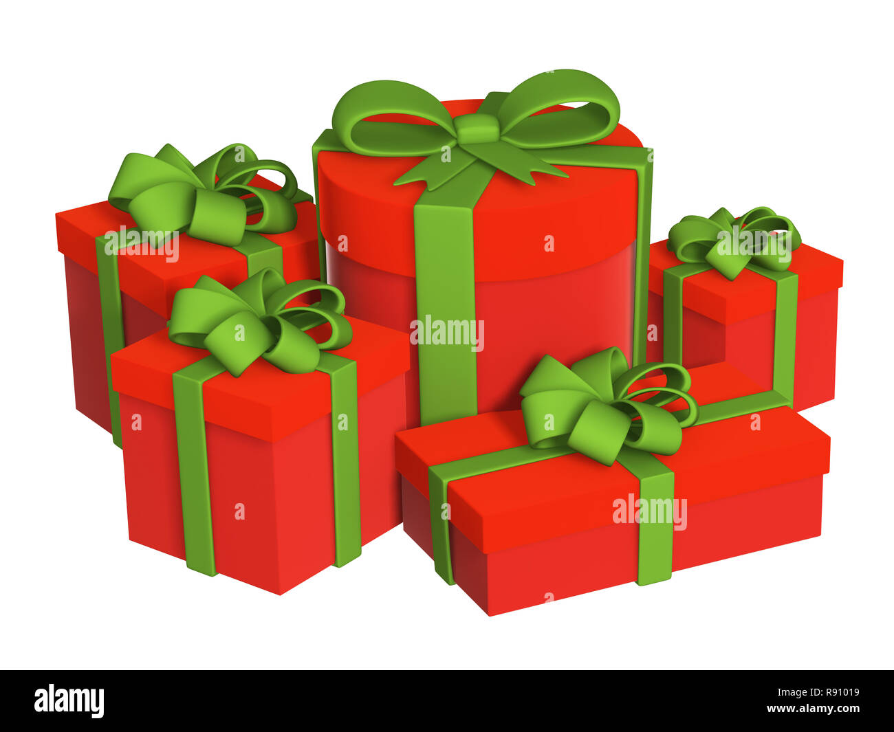 Cinq boîtes de cadeaux, bouclée par bandes. Au cours de l'objet blanc Photo  Stock - Alamy