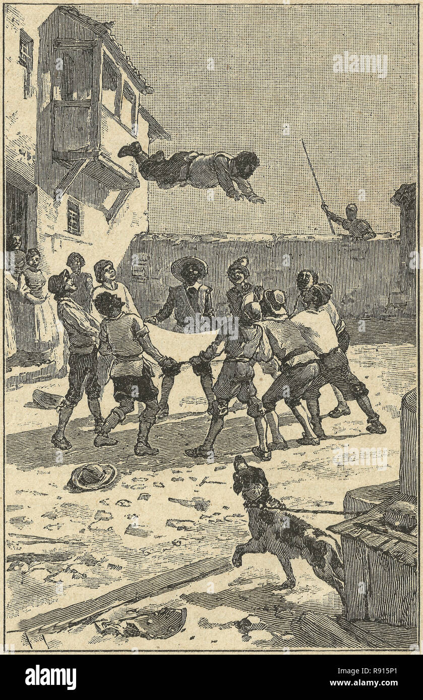 Sancho Panza wretch blanchi. Don Quichotte scène de roman. Illustration de Calleja Edition publiée en 1916 Banque D'Images