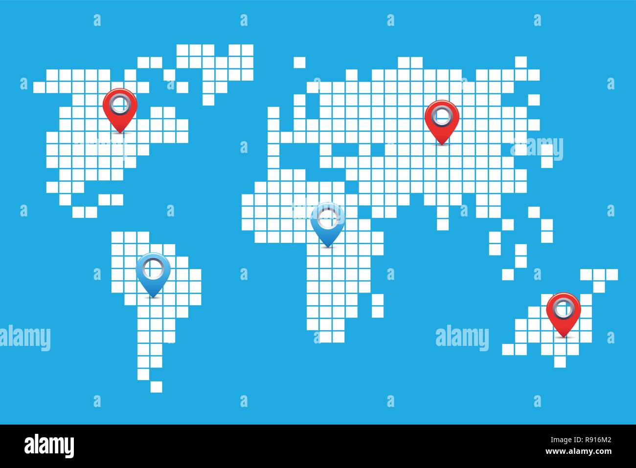 Carte du Monde de pixel avec autocollants indicateurs direction Illustration de Vecteur