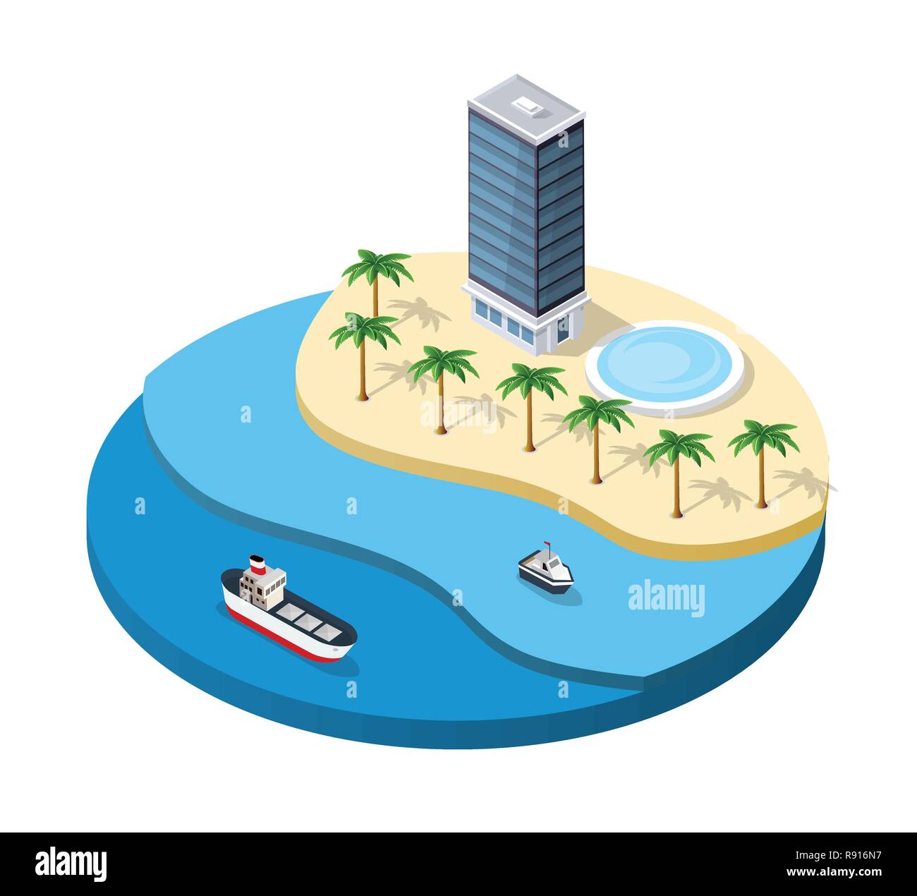 Avec l'île d'été, l'hôtel isométrique piscine, des palmiers et des navires Illustration de Vecteur