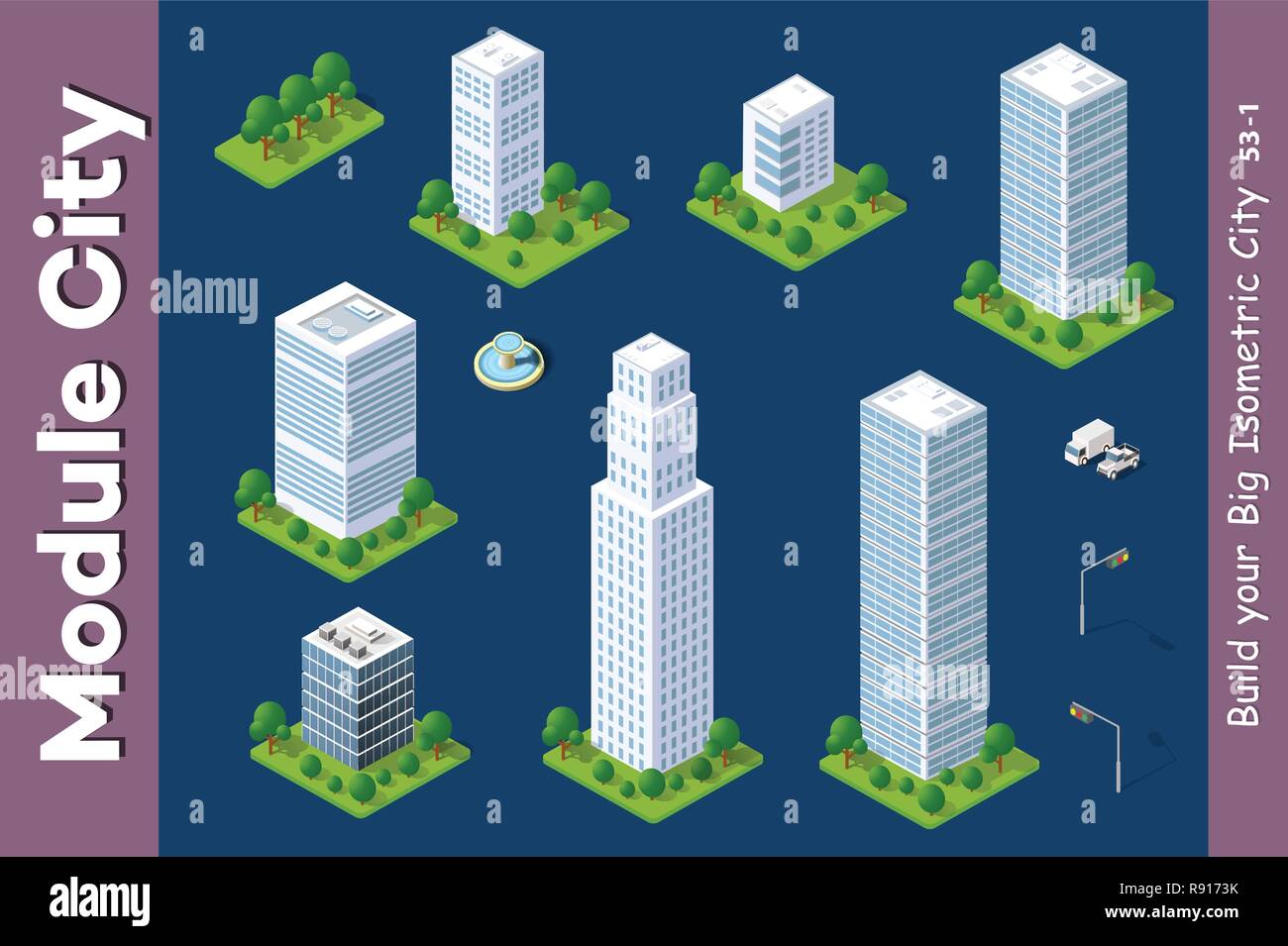Définir la zone urbaine gratte-ciel isométrique de la ville architecture infrastructure avec le bâtiment, le transport, les rues, les toits de maisons sur paysage Illustration de Vecteur