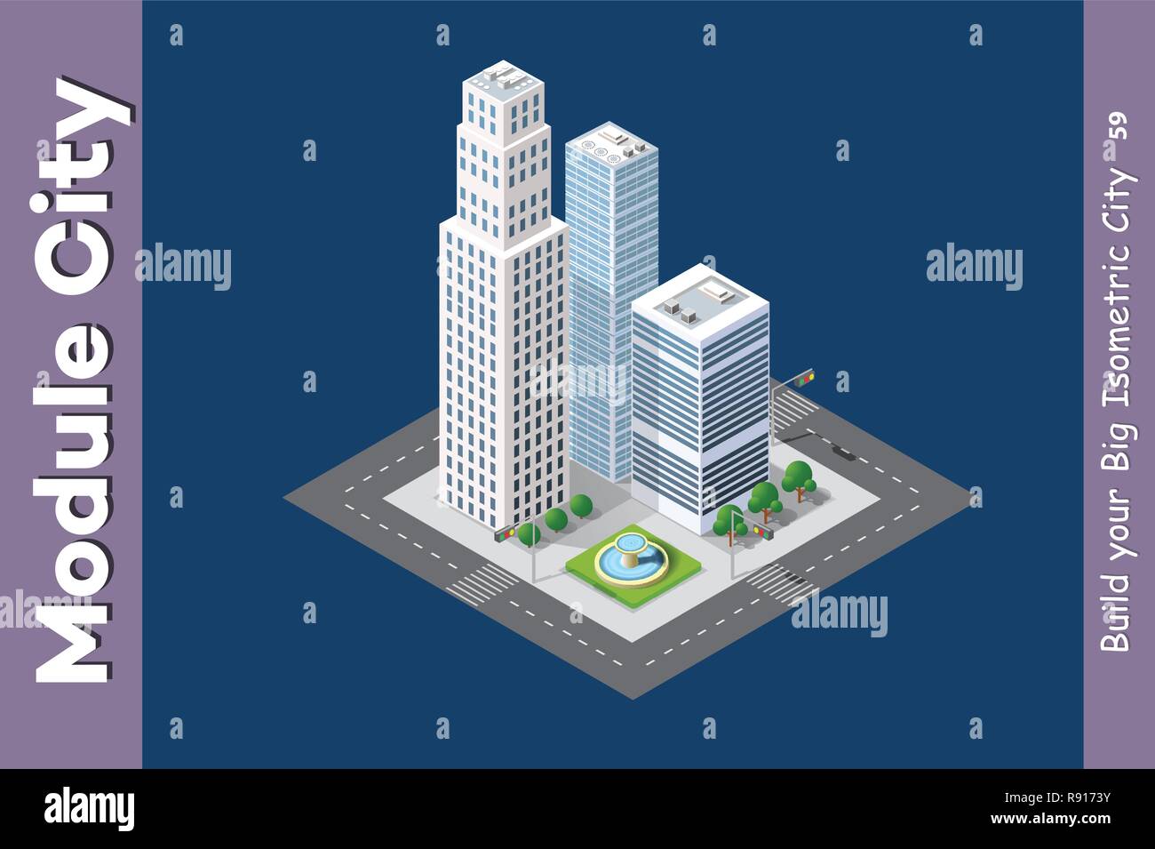 Gratte-ciel isométrique urbaine de la ville architecture infrastructure avec le bâtiment, le transport, les rues, les toits de maisons sur paysage Illustration de Vecteur