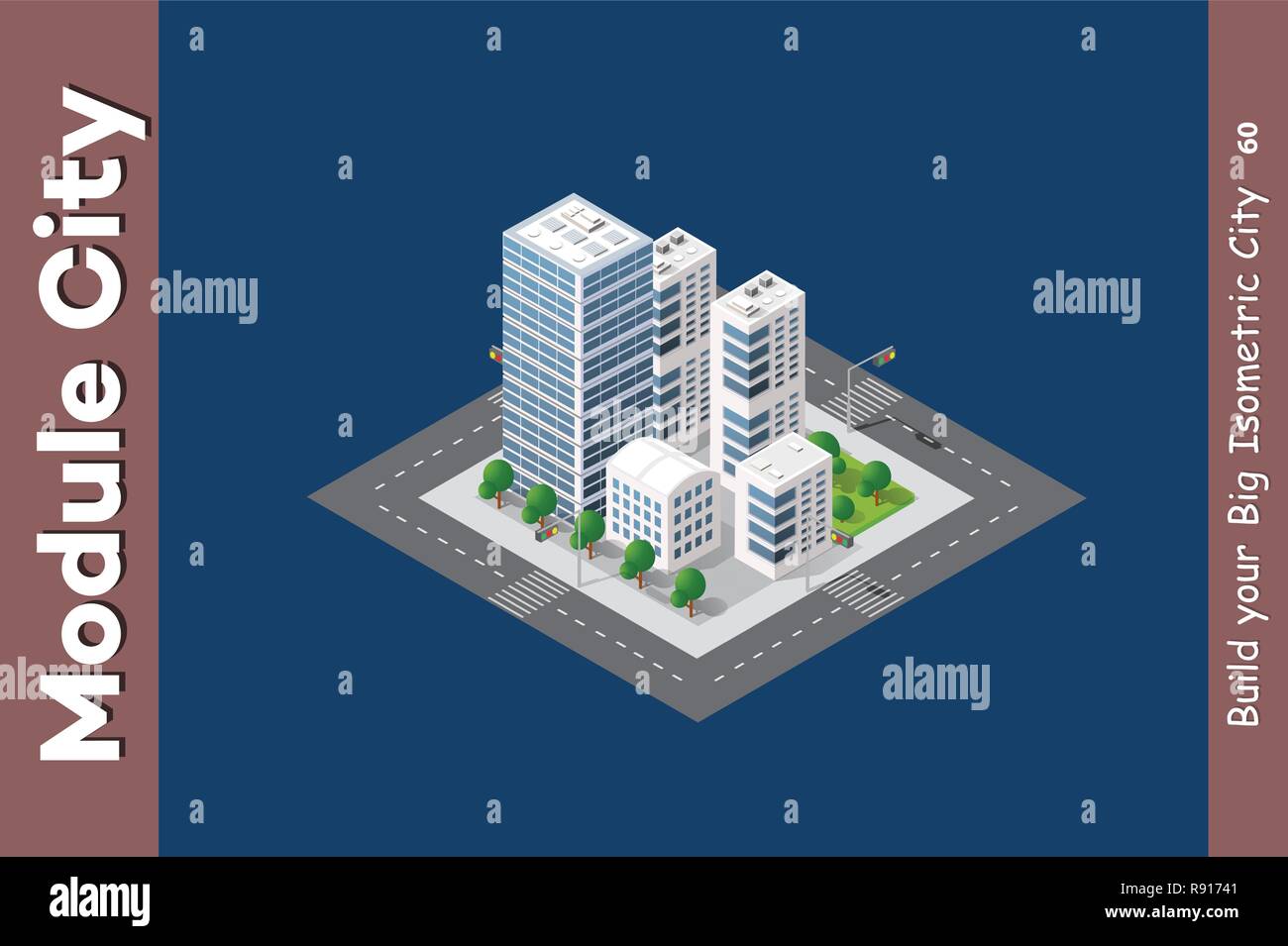 Gratte-ciel isométrique urbaine de la ville architecture infrastructure avec le bâtiment, le transport, les rues, les toits de maisons sur paysage Illustration de Vecteur
