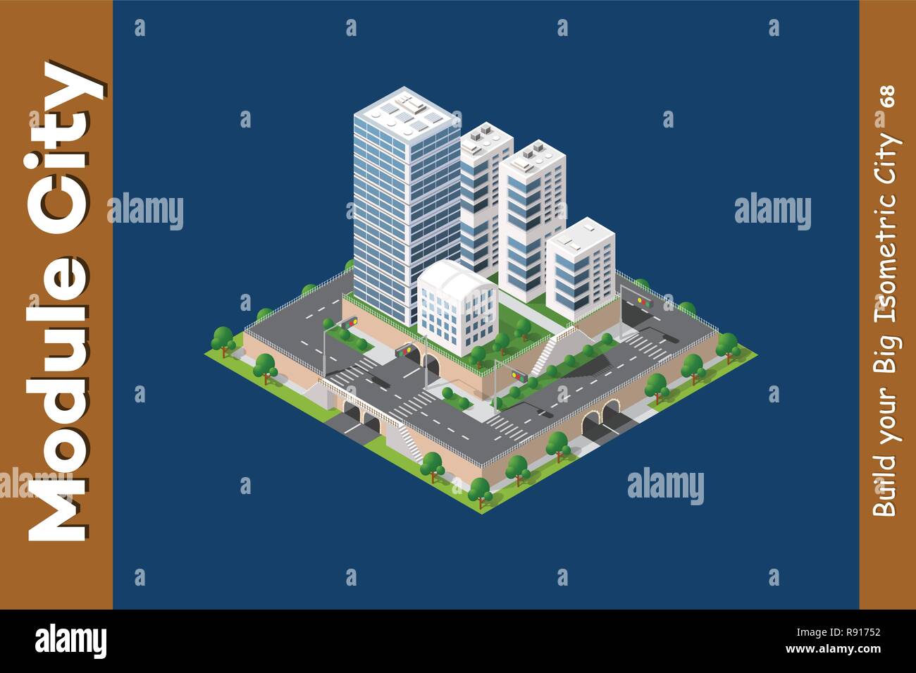 Gratte-ciel isométrique urbaine de la ville architecture infrastructure avec le bâtiment, le transport, les rues, les toits de maisons sur paysage Illustration de Vecteur