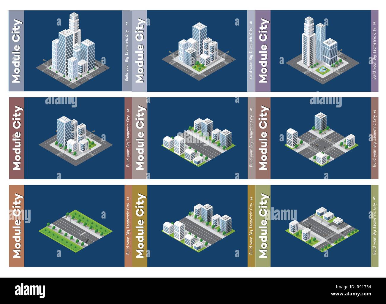 Définir la zone urbaine gratte-ciel isométrique de la ville architecture infrastructure avec le bâtiment, le transport, les rues, les toits de maisons sur paysage Illustration de Vecteur