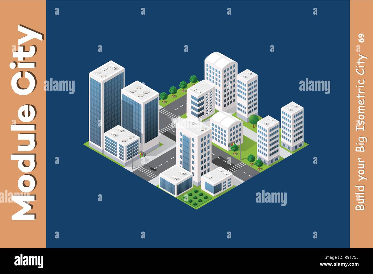 Gratte-ciel isométrique urbaine de la ville architecture infrastructure avec le bâtiment, le transport, les rues, les toits de maisons sur paysage Illustration de Vecteur