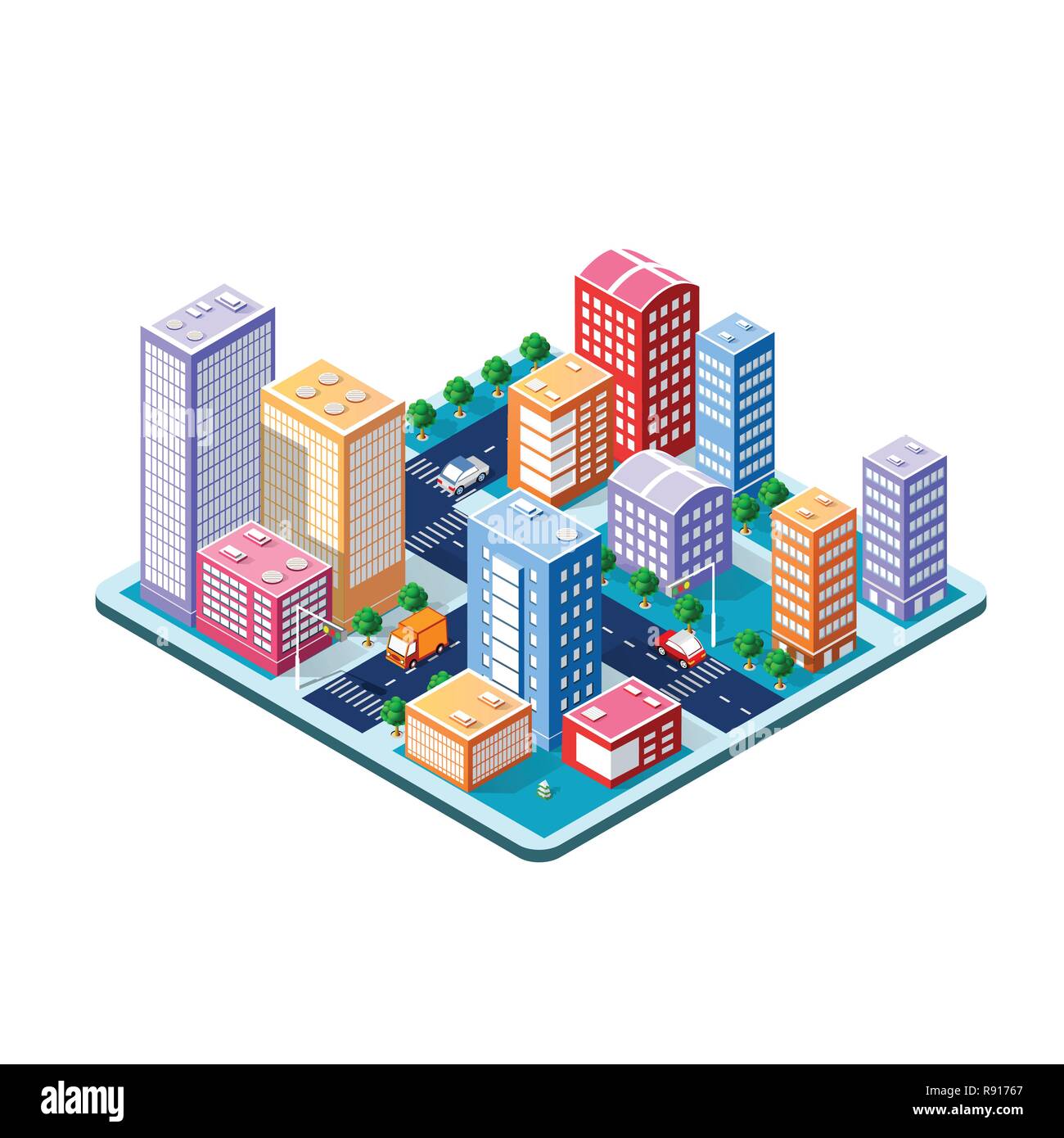 3D isométrique colorée ville de gratte-ciel, maisons et rue Ville du milieu urbain paysage multicolore pour la conception et la présentation conceptuelle Illustration de Vecteur