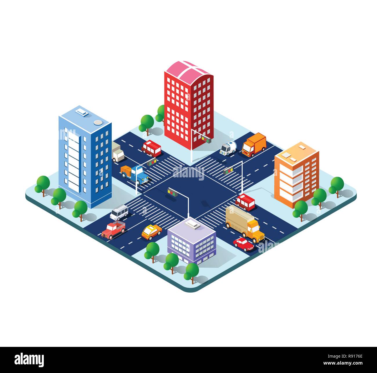 3D isométrique colorée ville de gratte-ciel, maisons et rue Ville du milieu urbain paysage multicolore pour la conception et la présentation conceptuelle Illustration de Vecteur