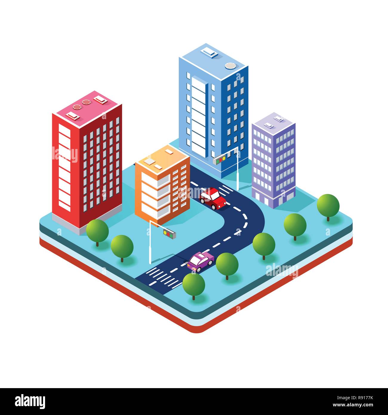 3D isométrique colorée ville de gratte-ciel, maisons et rue Ville du milieu urbain paysage multicolore pour la conception et la présentation conceptuelle Illustration de Vecteur