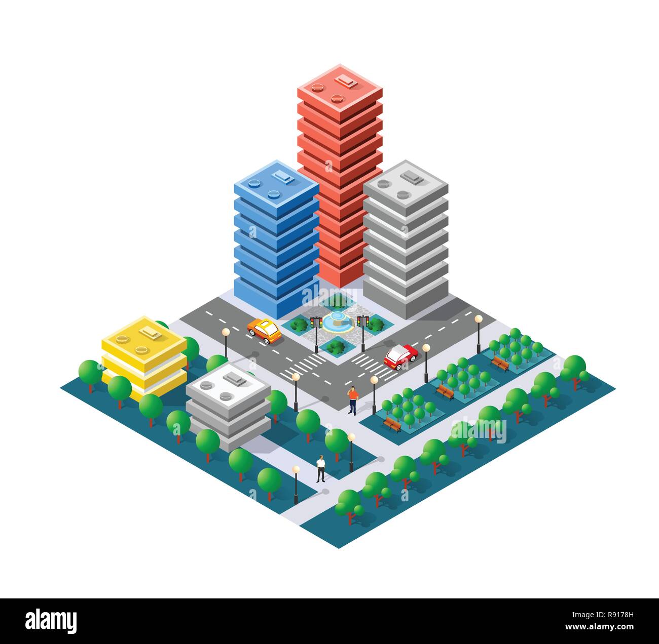 3D isométrique colorés des maisons de ville et la rue de l'urban paysage multicolore Illustration de Vecteur