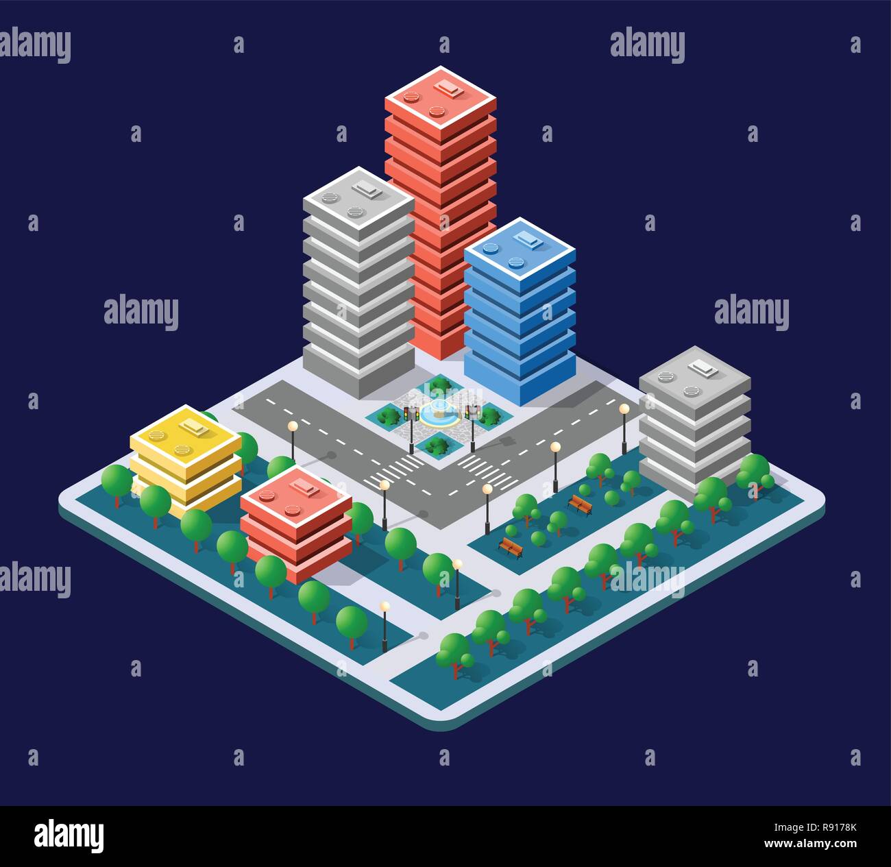 3D isométrique colorés des maisons de ville et la rue de l'urban paysage multicolore Illustration de Vecteur