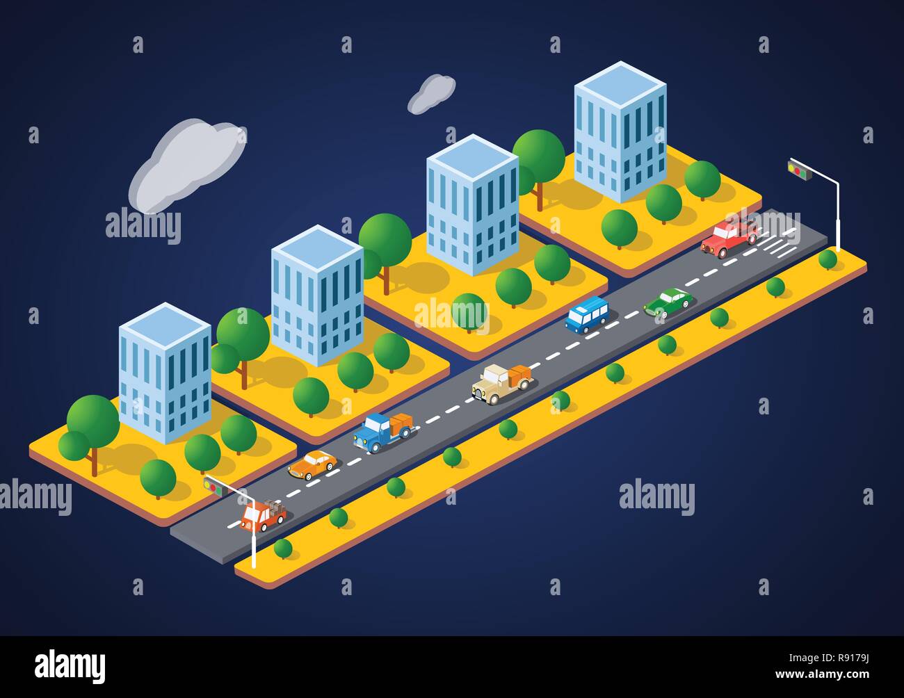 3D isométrique colorés des maisons de ville et la rue de l'urban paysage multicolore Illustration de Vecteur
