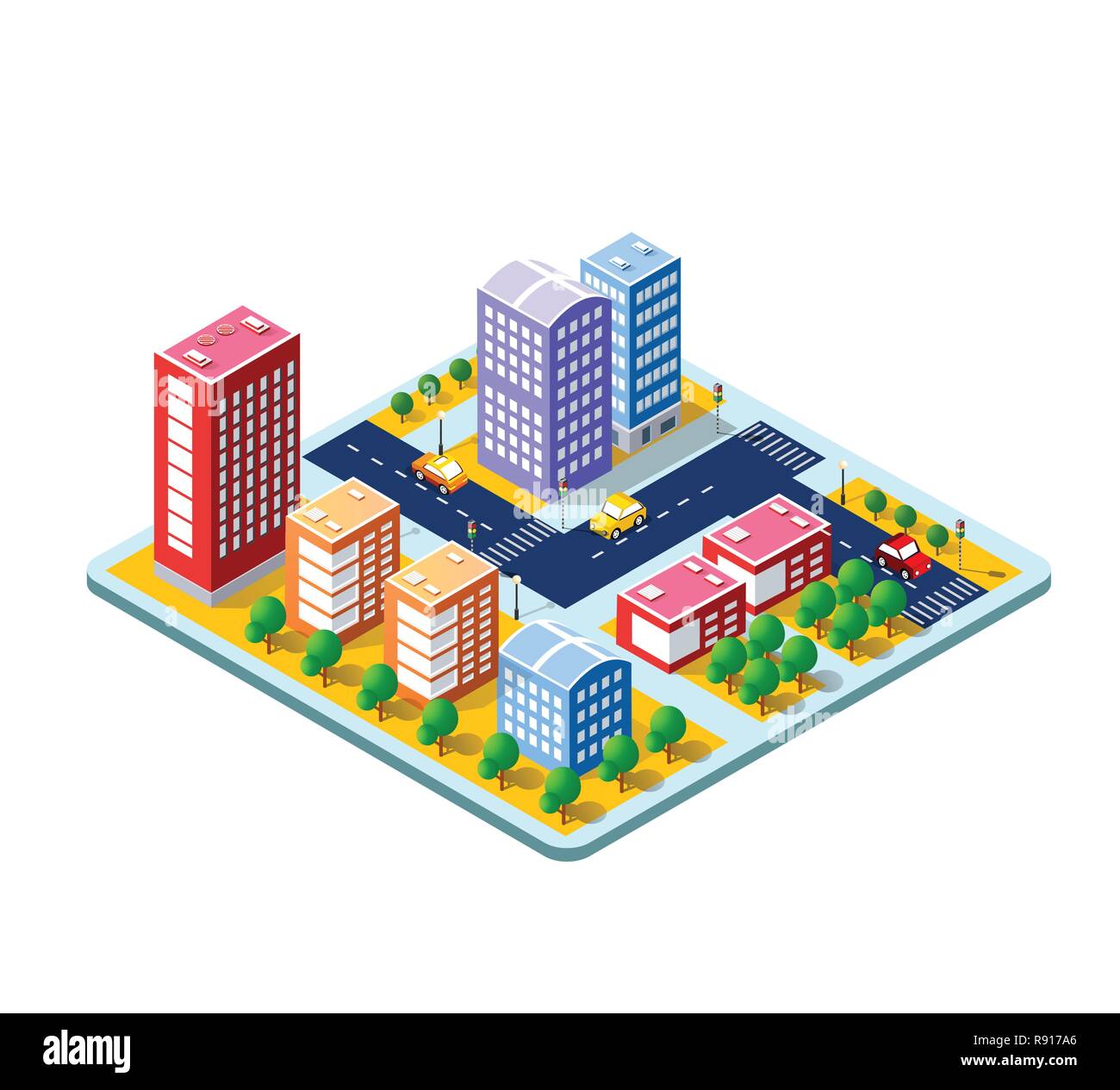 3D isométrique colorés des maisons de ville et la rue de l'urban paysage multicolore Illustration de Vecteur