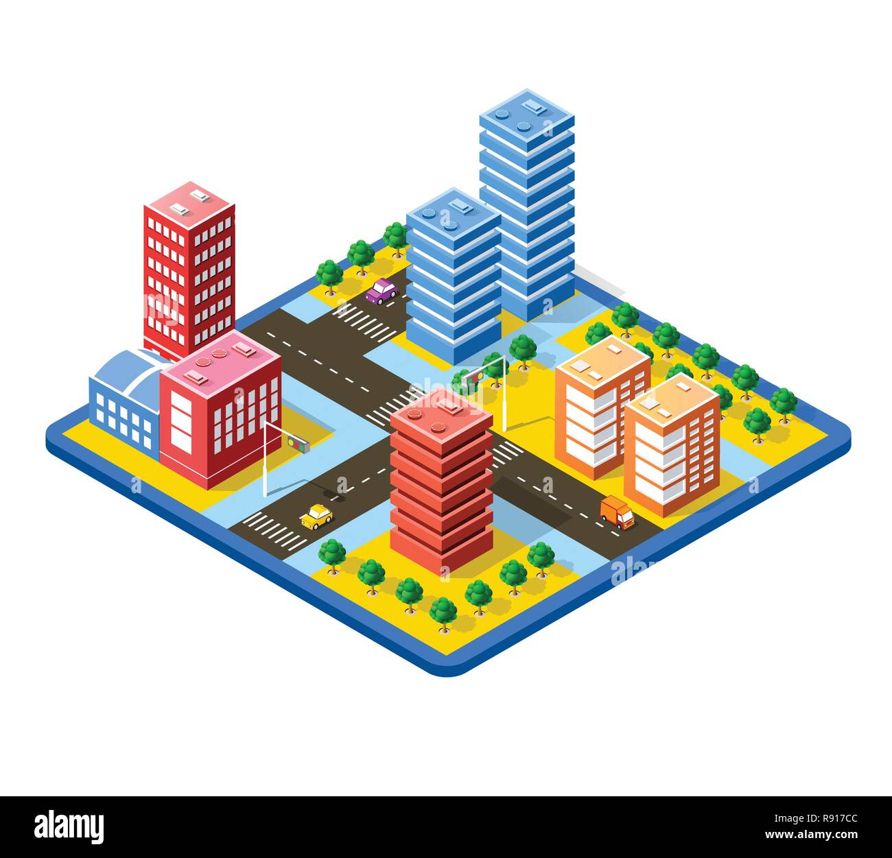 3D isométrique colorés des maisons de ville et la rue de l'urban paysage multicolore Illustration de Vecteur