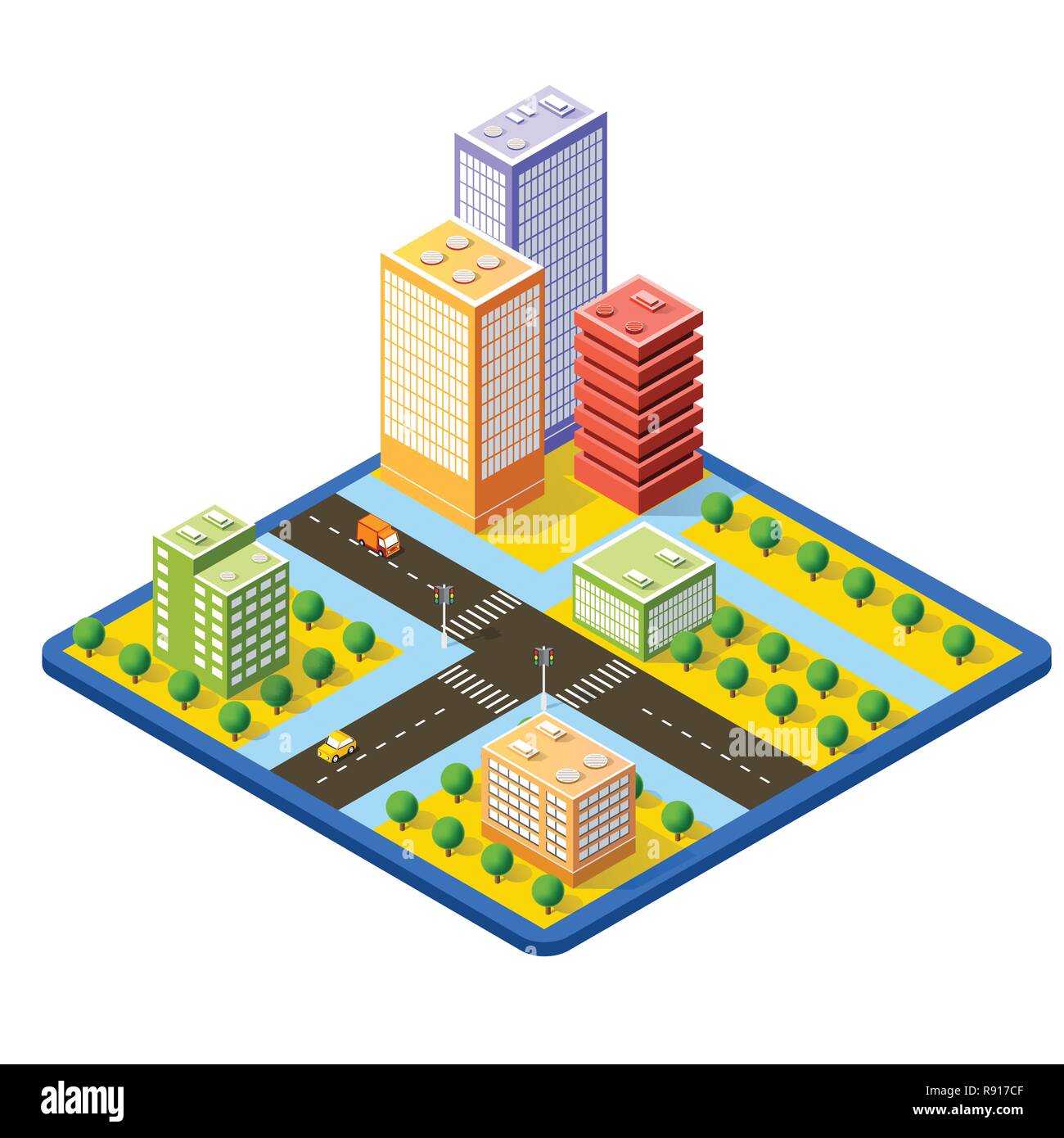 3D isométrique colorés des maisons de ville et la rue de l'urban paysage multicolore Illustration de Vecteur